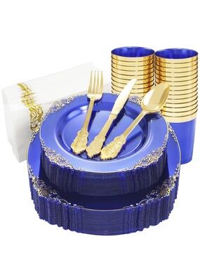 Elegant Blue and Gold Disposable Party Dinnerware Set 175PCS